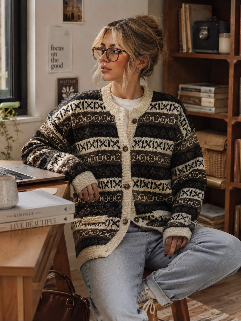 The Sweater Venture 100% Wool Fair Isle Cardigan L